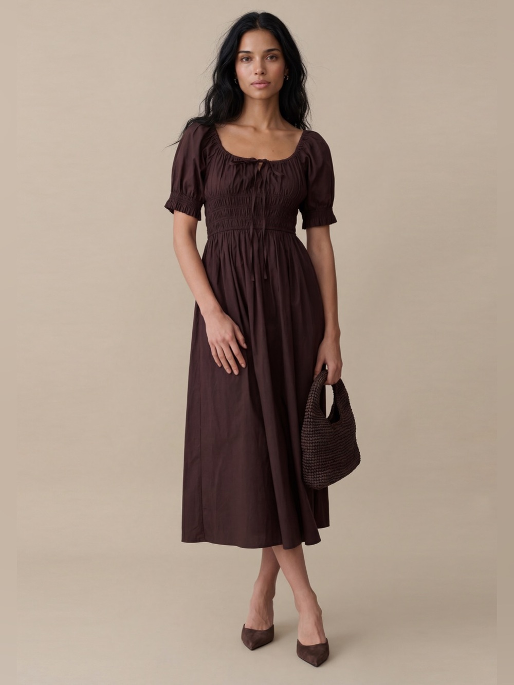 Few Moda Sorella Fenella Smocked Puff-Sleeve Midi Dress in Dark Coffee